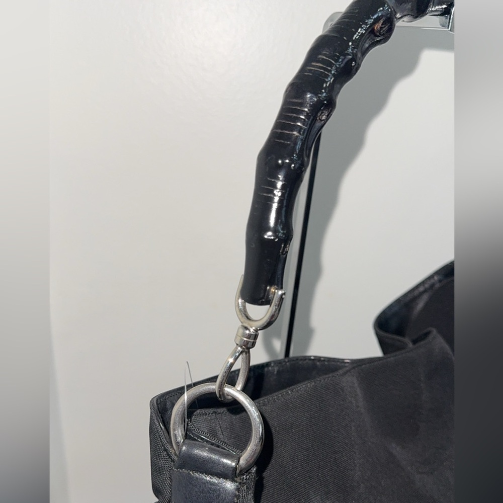 Gucci Bamboo Shoulder Bag Nylon Black Silver Handbag AUTHENTIC - Picture 3 of 14
